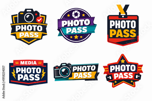 Collection of photo pass badges and media access emblems for event photography and exclusive entry