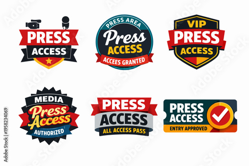 Press access badges collection. Providing authorization for media, journalists, and vips at events. Granting entry permission