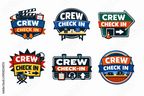 Crew check in badges and signs collection for event and production staff, showcasing logistical management concepts