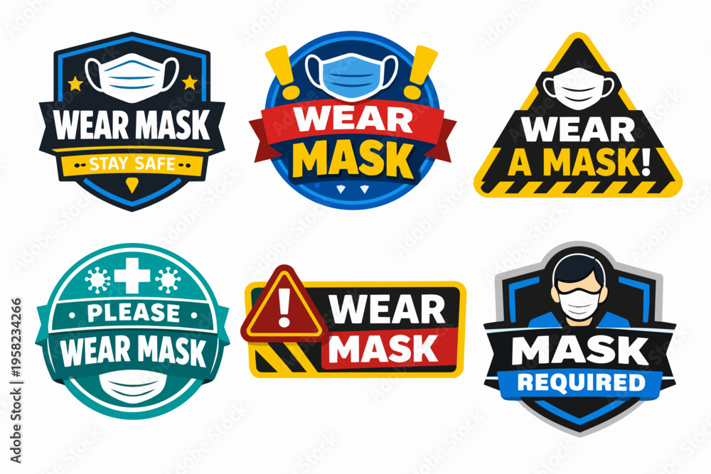 Naklejka premium Wearing face mask policy signs collection promoting public health and safety during pandemic