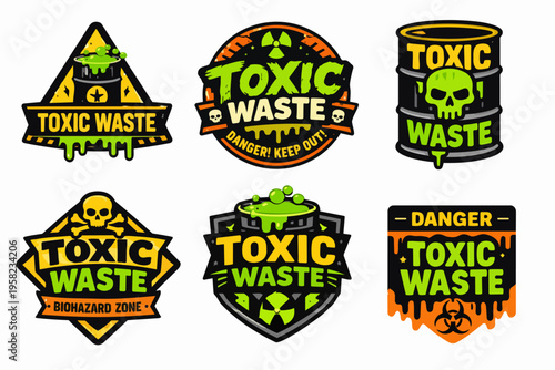 Toxic waste warning labels containing biohazard skull and radiation hazardous materials symbols on various safety signs