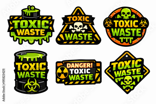 Toxic waste warning signs set with biohazard, radiation, and skull symbols, displaying hazardous materials and danger
