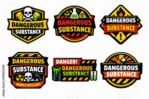 Collection of various dangerous substance warning labels and emblems, featuring biohazard, toxic skull, flammable, and radiation symbols