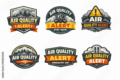 Air quality alert warning badges notifying about environmental pollution, smog, and health hazards like smoke