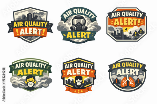 Air quality alert badges warning about pollution, smog conditions, and respiratory health risks from environmental hazards