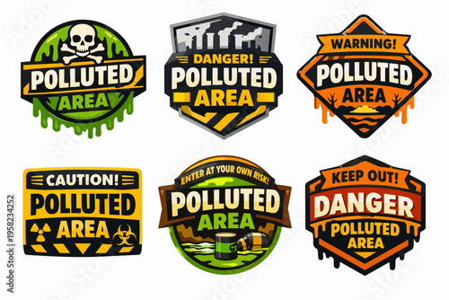 Polluted area warning signs indicating danger, toxic content, radiation, and biohazard threats in contaminated zones