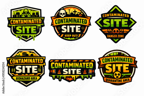 Contaminated site badges vector collection, hazard zone warning signs, biohazard area, toxic waste, nuclear quarantine emblems