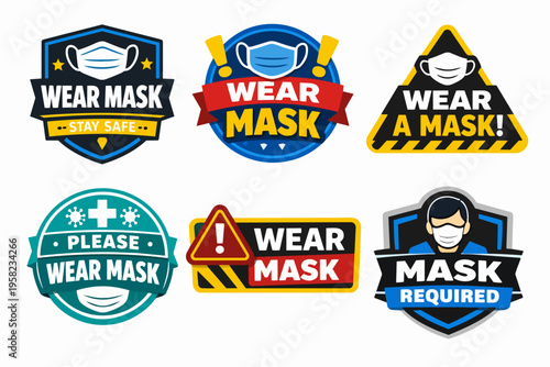 Wearing face mask policy signs collection promoting public health and safety during pandemic