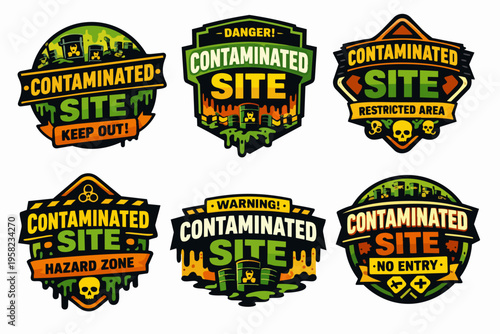 Warning badges collection for contaminated sites, featuring biohazard symbols, chemical drums, skulls, and caution tape