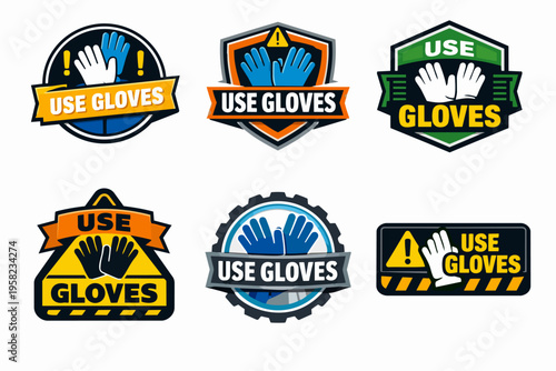 Collection of use gloves safety signs and warning labels, illustrating mandatory ppe for hand protection in hazardous work areas