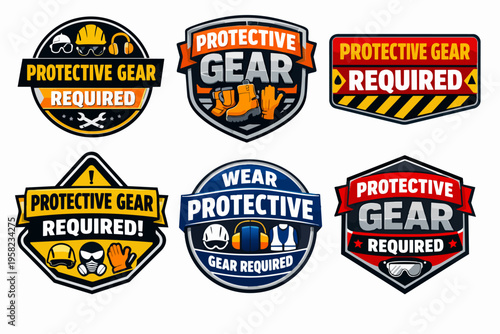 Protective gear required vector badges set illustrating personal protective equipment and safety regulations
