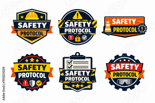 Collection of safety protocol badges and labels, illustrating industrial security, compliance, and protection standards