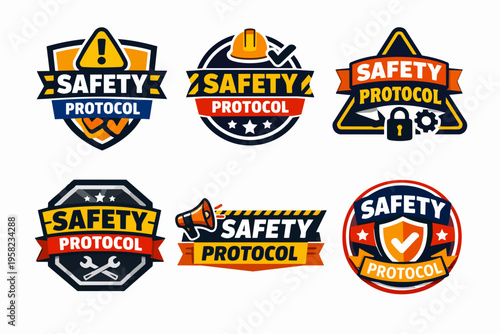 Working safety icons with helmets, shields, locks, tools, and caution symbols promoting industry security and protection