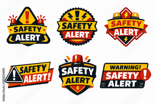 Safety alert badges and warning labels set with siren, exclamation mark, warning sign, and lightning bolt symbols