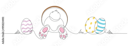 Minimalist continuous one line drawing of Easter bunny tail and paws with colorful decorated eggs, spring holiday vector illustration.