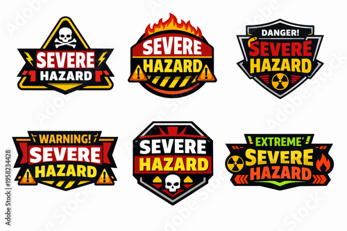Severe hazard warning labels collection for dangerous situations, indicating risk, fire, radiation, and poison
