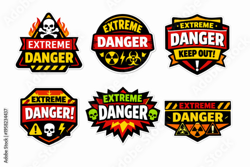 Set of extreme danger warning signs, displaying skull and crossbones, biohazard, radiation, and exclamation mark symbols