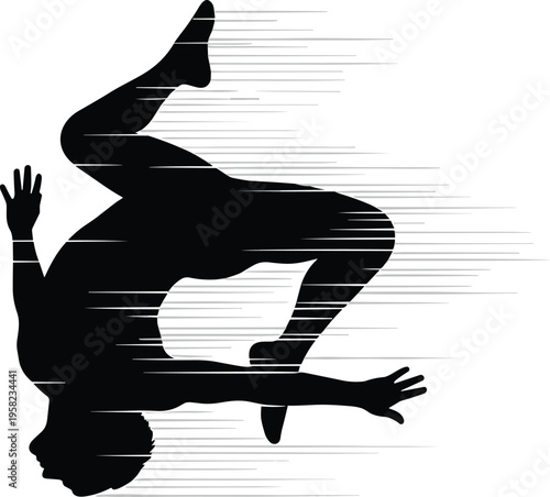 Silhouette acrobat performing backflip, dynamic mid-air motion, speed lines background, athletic energy concept, fitness action, sports movement, powerful jump, fluid artistic pose