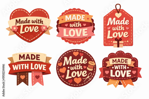 Red and brown made with love tags and heart labels. Concepts of craftsmanship, handmade products, and care