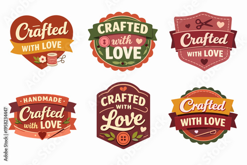 Hand crafted and artisan made badges with embroidery tools, heart shapes, and crafted with love text for handmade goods