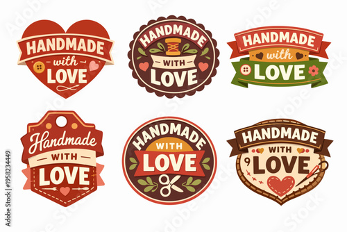 Handcrafting and diy love concept with handmade with love badges, labels, and stickers for hobby and artisan goods