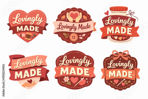 Collection of lovingly made labels showing hearts, hands, buttons, thread, and needles, perfect for small businesses