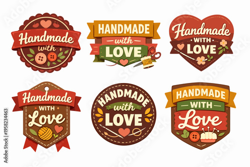 Handmade with love badges and emblems for artisanal crafts, diy projects, knitting, and sewing labels set
