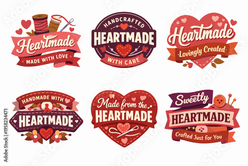 Heartmade and handmade crafting badges with sewing elements, symbolizing love, care, and artistry in creative diy projects