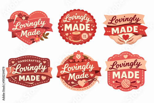Collection of red and pink badges with lovingly made and handcrafted text, perfect for artisan goods and creative work