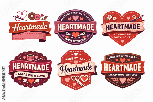 Heartmade and handcrafted labels collection emphasizing handmade with love concepts for artisanal products