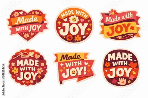 Made with joy labels set illustrating handmade quality, craftsmanship, and positive emotion for creative products