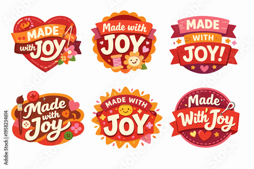 Made with joy labels set with crafting elements, hearts, flowers and stars for handmade products and gifts
