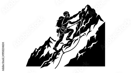 Silhouette of a climber ascending a rocky mountain.