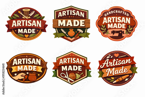 Collection of stylized artisan made badges, labels, and emblems showcasing tools for pottery, sewing, and woodcraft