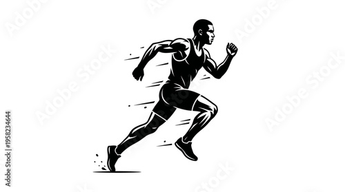 Silhouette of a sprinter running with speed lines, black and white