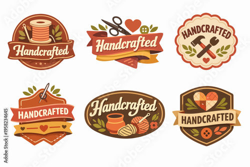 Handcrafted badges and logos collection featuring sewing, knitting, and diy craft tools for creative artisanal products
