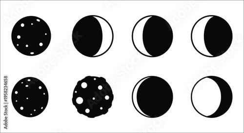 Phases of the moon and planetary bodies depicted in a black and white illustration