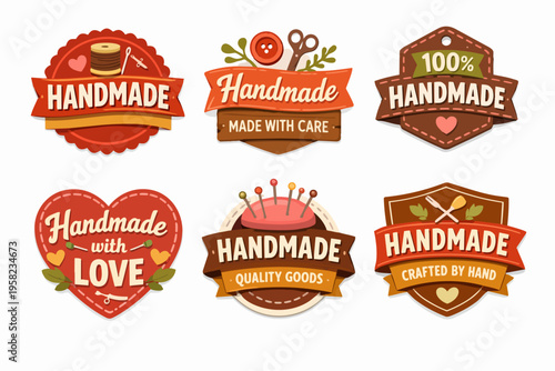 Collection of handmade product badges and labels, illustrating crafting, quality, and artisan craftwork with sewing icons