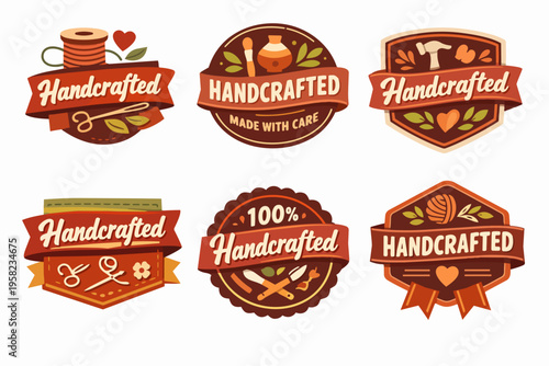 Handcrafted craft labels set with various artisan tools and symbols for diy, handmade, and boutique products
