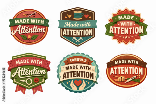 Craft product quality badges with text made with attention, handmade labels for tailoring and sewing services
