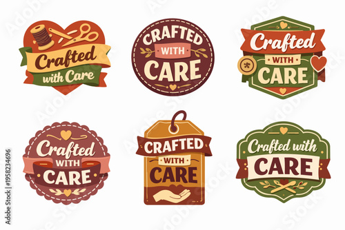 Crafting with care, handmade badges and labels, artisanal sewing tags, craft fair banners, diy emblems