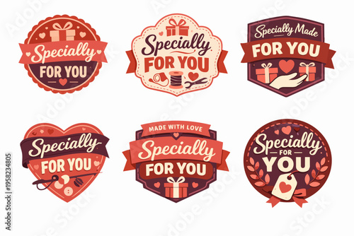 Collection of handcrafted specially made for you labels, gift tags, and badges expressing love and care