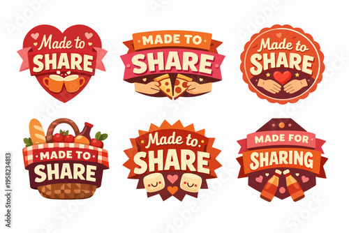 Made to share and made for sharing stickers set representing community, friendship, and togetherness concepts