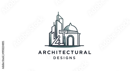 Minimalist architectural design logo with city skyline and drafting tools icon on white