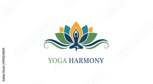 Yoga harmony logo with lotus flower and meditating person silhouette