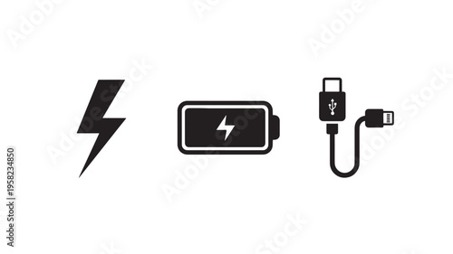 Battery Charging Icons with USB Cable and Lightning Bolt Symbols for Power Energy and Technology UI Design