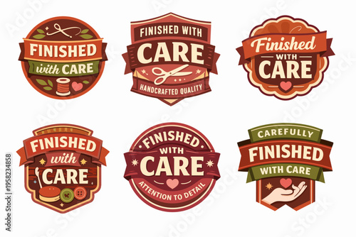 Set of carefully designed badges celebrating handmade items, showcasing sewing symbols, hearts, and ribbons for high-quality products