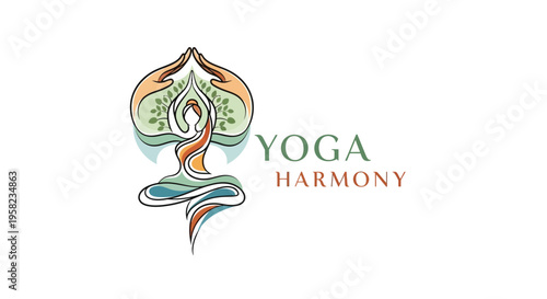 Elegant Yoga Harmony logo featuring a stylized figure in meditation pose and nature elements