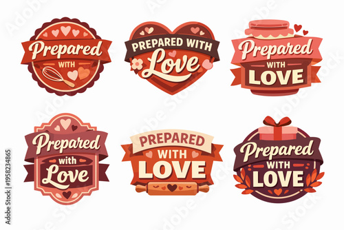 Variety of prepared with love badges for homemade products and culinary goods, featuring cooking tools and hearts