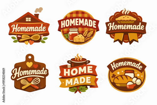 Homemade food labels collection featuring bakery, kitchen, fresh ingredients, and organic cooking emblems in vintage style